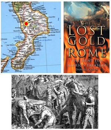 Map showing Cosenza, The Lost Gold of Rome book, Alaric's burial depiction